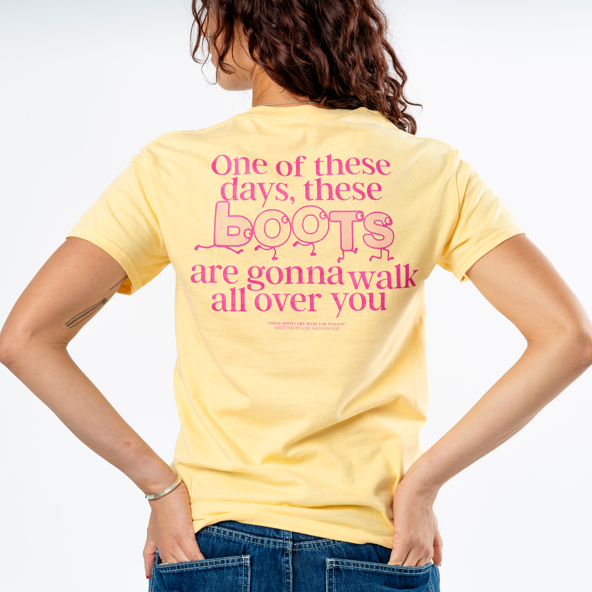 Lee Hazlewood: These Boots Are Made for Walkin' Lyric Tee (Yellow Haze) Close Up Back