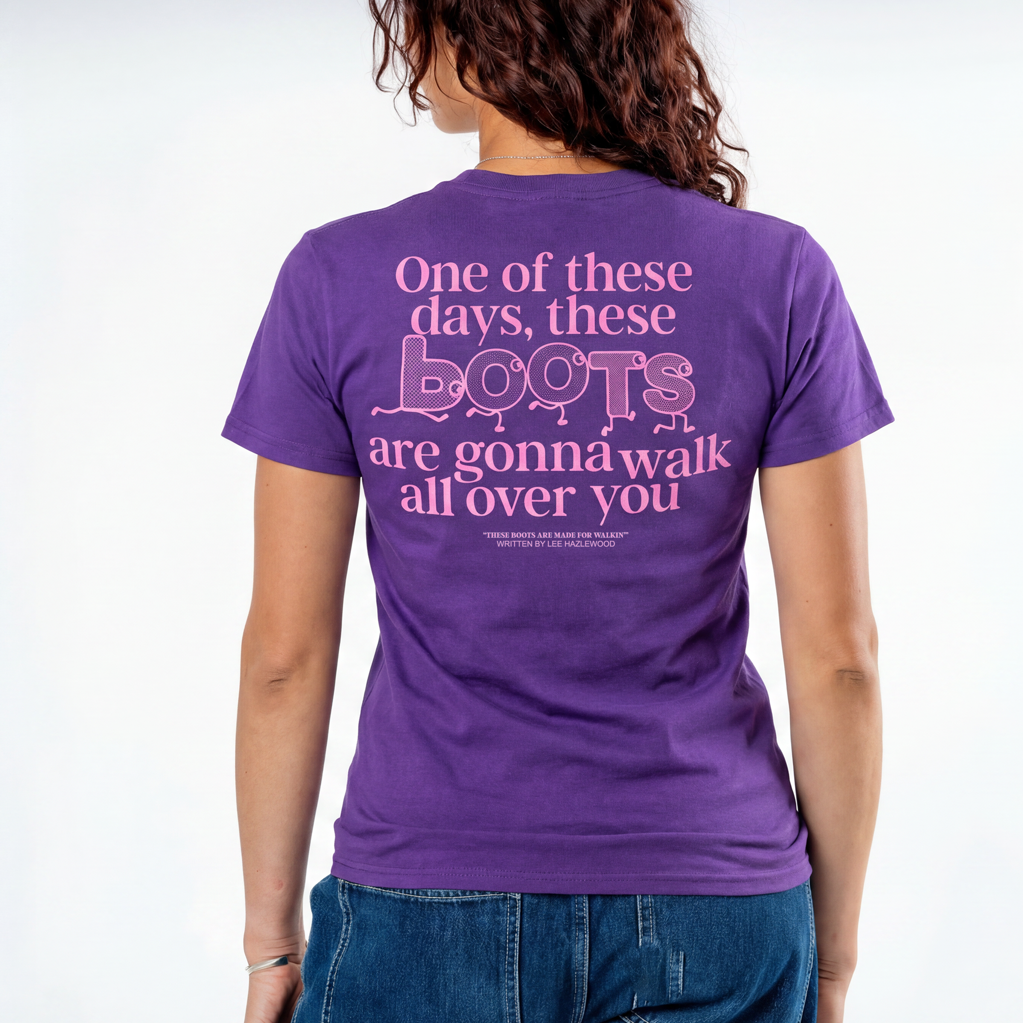 Lee Hazlewood: These Boots Are Made for Walkin' Lyric Tee (Purple) Back Close Up