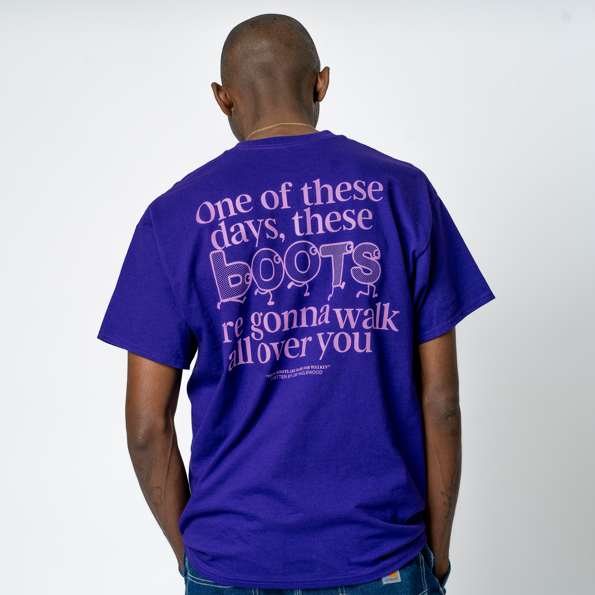 Lee Hazlewood: These Boots Are Made for Walkin' Lyric Tee (Purple) Back Close Up