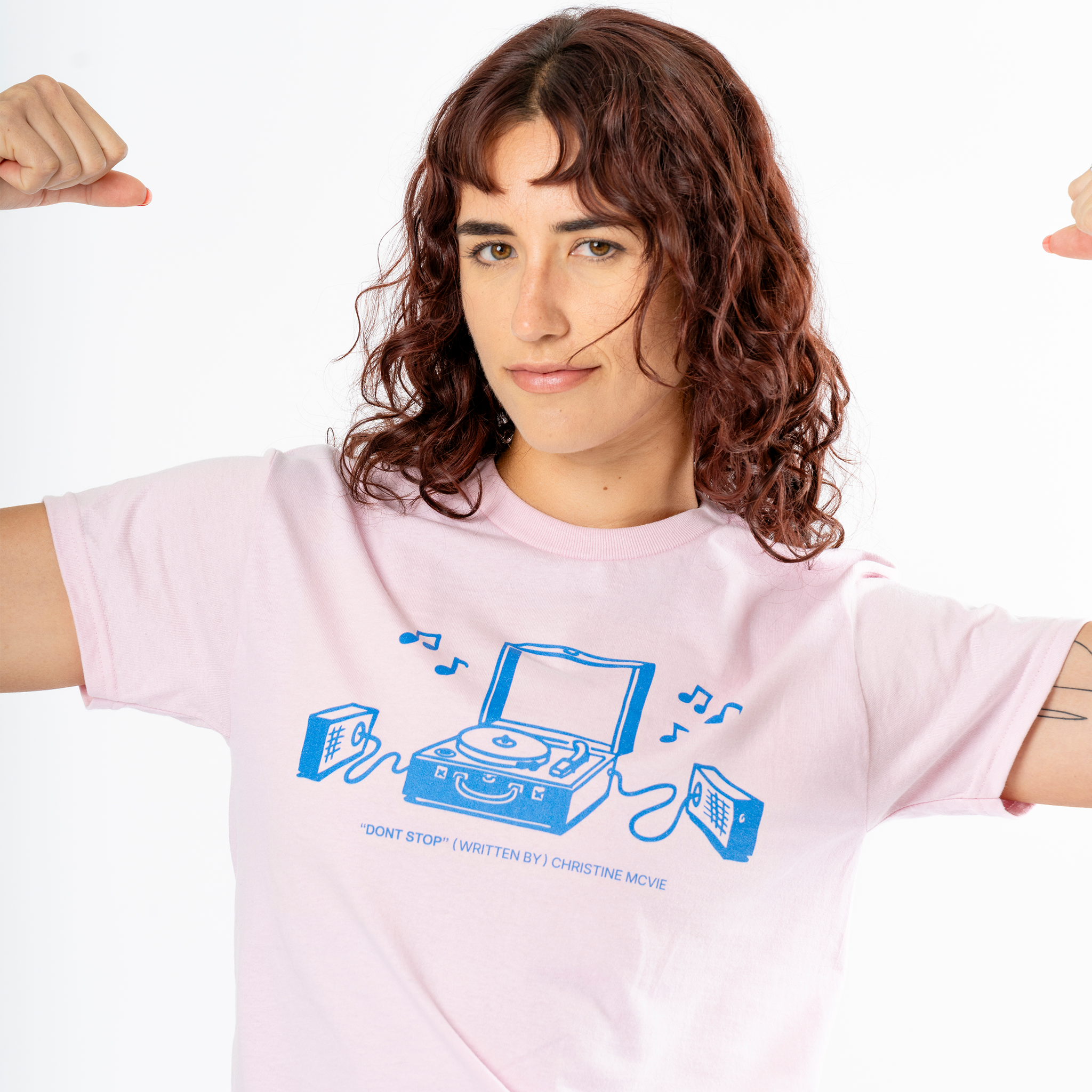 Christine McVie: Don't Stop Lyric Tee (Pink) Front Close Up