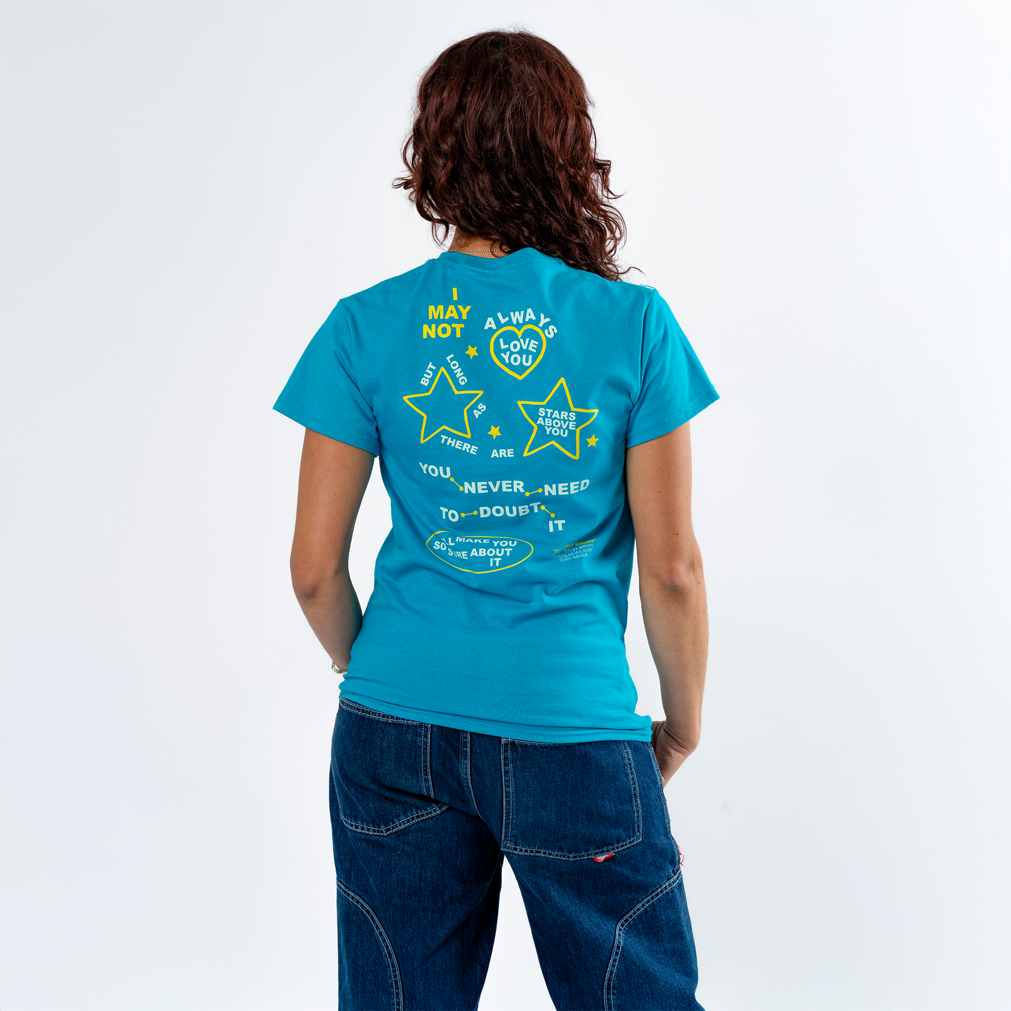 Brian Wilson: God Only Knows Lyric Tee (Tropical Blue) Close Up Back Women's