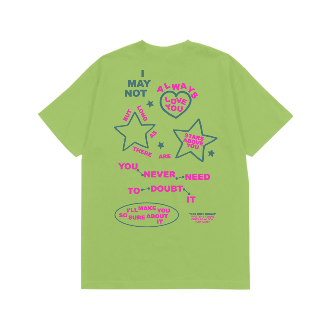 Brian Wilson: God Only Knows Lyric Tee (Lime) Flat Lay Back