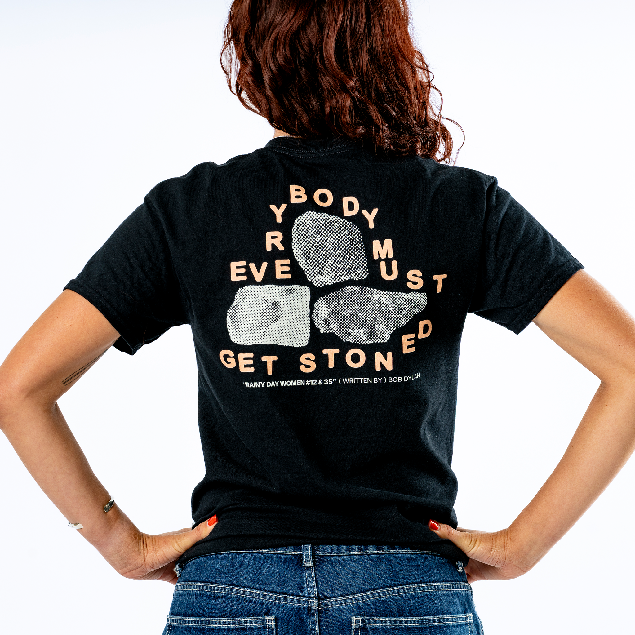 Bob Dylan: Rainy Day Women Lyric Tee (Black) Close Up Back