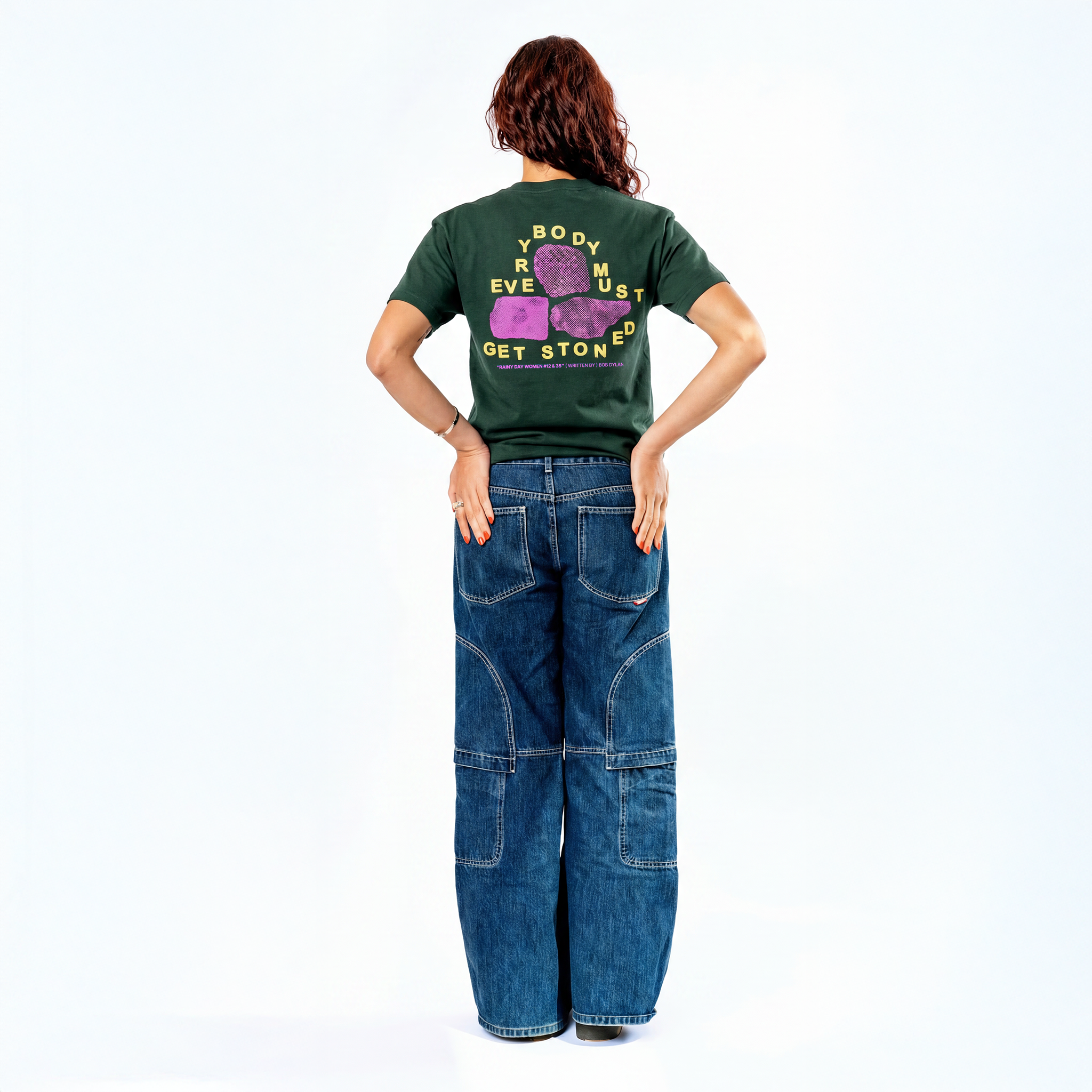 Bob Dylan: Rainy Day Women Lyric Tee (Forest Green) Back View Women's