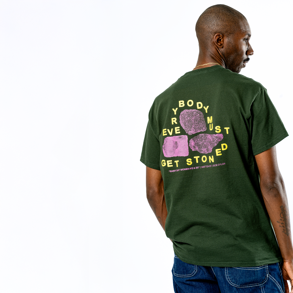 Bob Dylan: Rainy Day Women Lyric Tee (Forest Green) Close Up Back