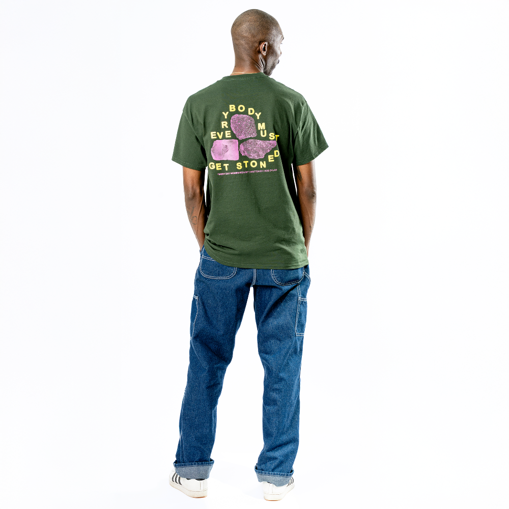 Bob Dylan: Rainy Day Women Lyric Tee (Forest Green) Full Length Back