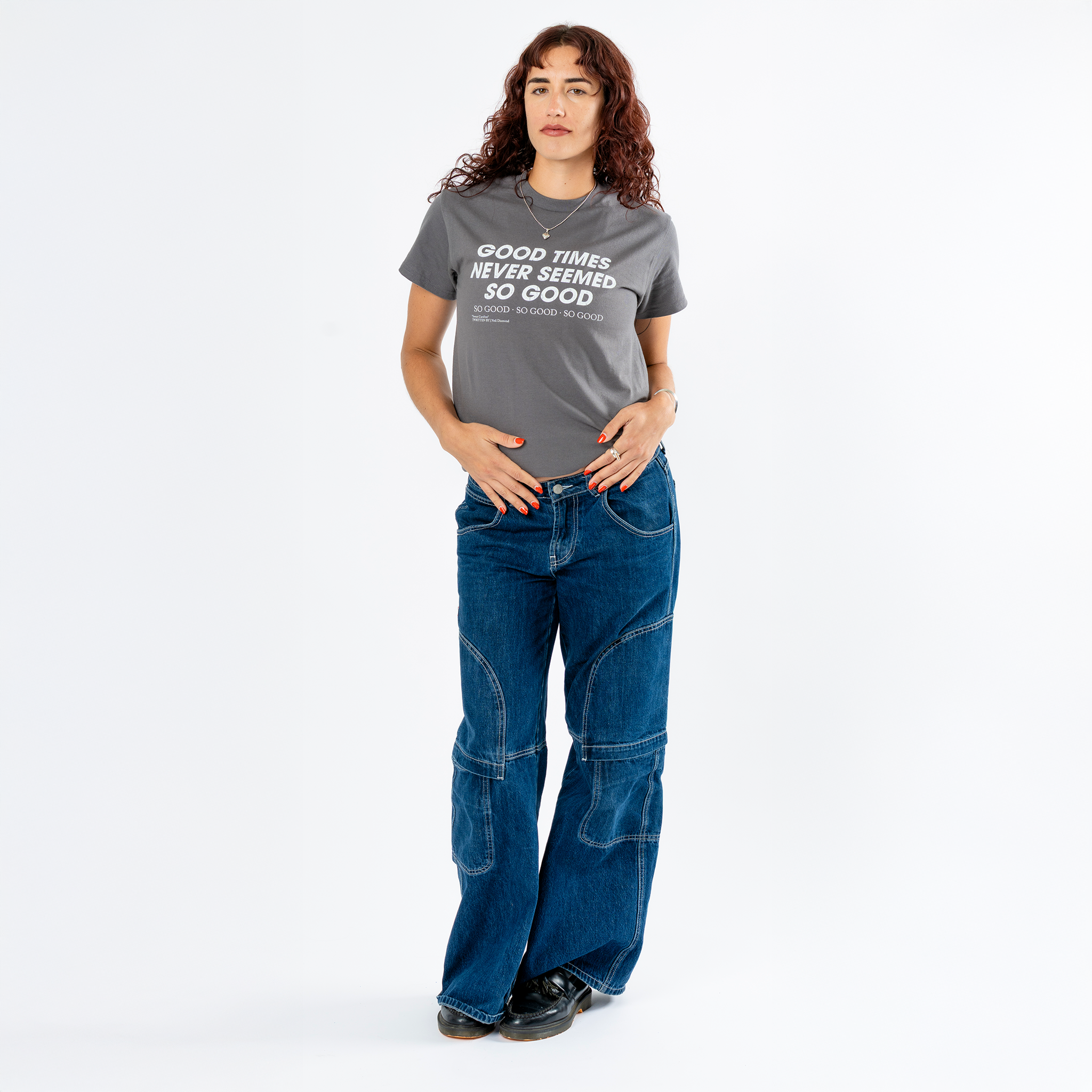 Neil Diamond: Sweet Caroline Lyric Tee (Charcoal) Women Model Front