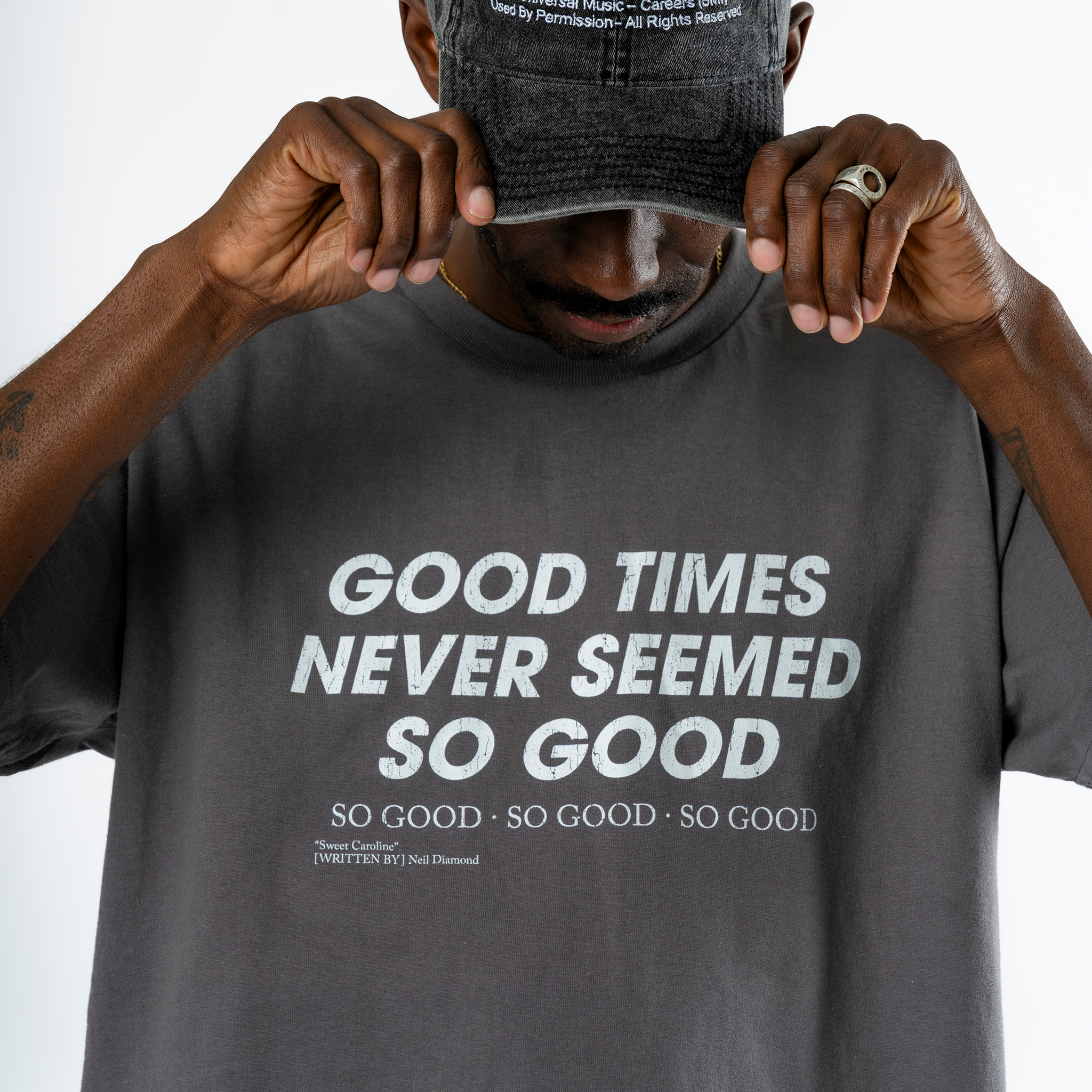 Neil Diamond: Sweet Caroline Lyric Tee (Charcoal) Front View Male