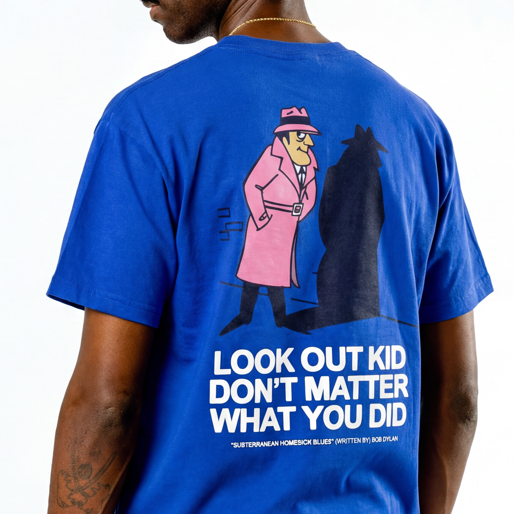 Bob Dylan: Subterranean Homesick Blues Lyric Tee (Royal) Back Close Up